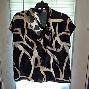 SHEIN Cirve Privé Work Women Tops Graphic Print Tie Neck Batwing Sleeve Blouse